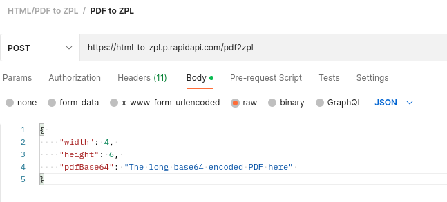 Corpo do Postman para API PDF a ZPL